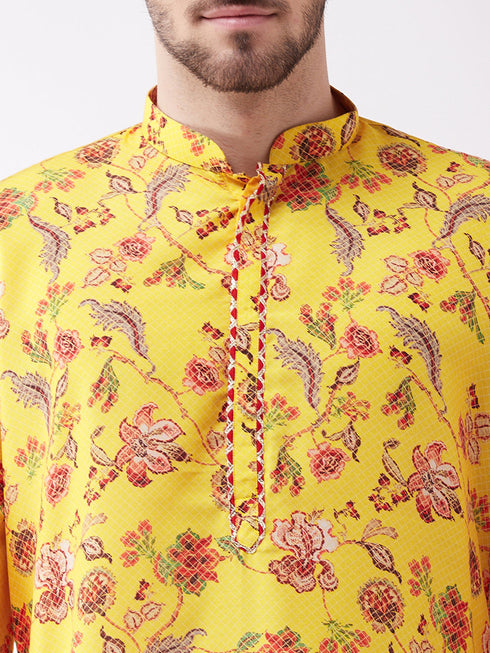 Men's Floral Printed Multicolor-Base-Yellow Muslin Blend Kurta