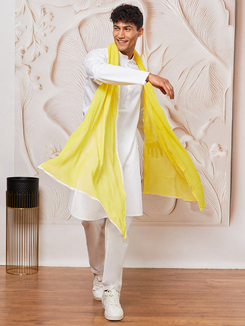 Men's White Cotton Kurta,Pyjama And Dupatta Set