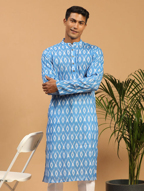 Men's Aqua Blue Ikkat Print Cotton Kurta