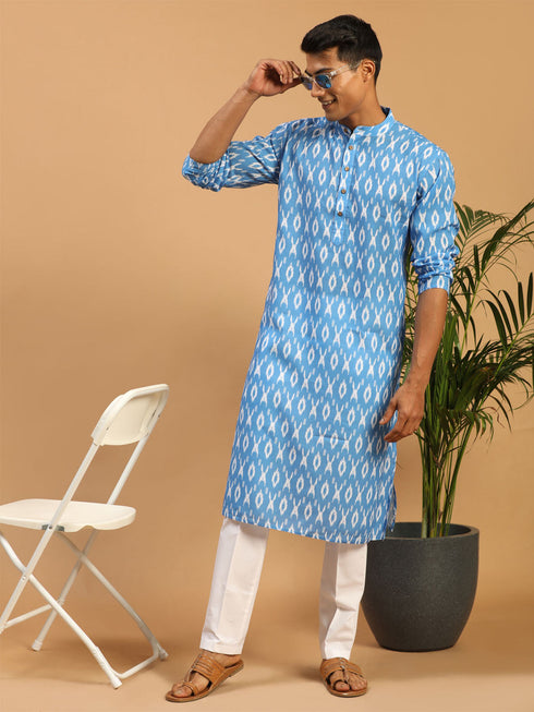 Men's Aqua Blue Ikkat Print Cotton Kurta