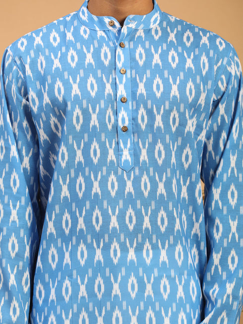 Men's Aqua Blue Ikkat Print Cotton Kurta