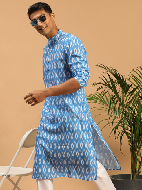 Men's Aqua Blue Ikkat Print Cotton Kurta