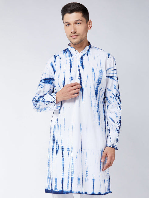 Men's Blue And White Pure Cotton Kurta