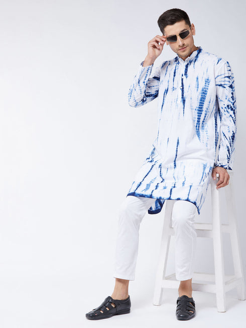 Men's Blue And White Pure Cotton Kurta