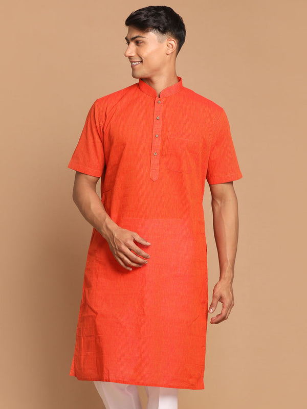 Men's Orange Striped Pure Cotton Kurta