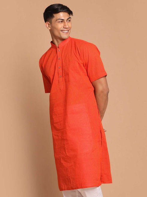 Men's Orange Striped Pure Cotton Kurta