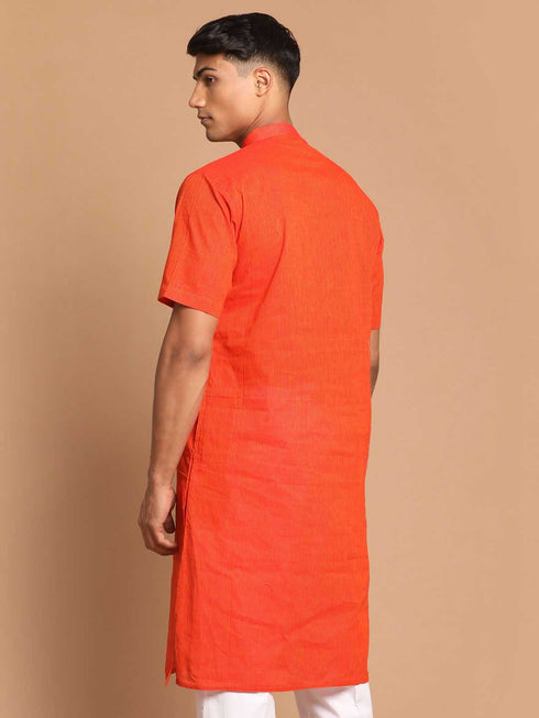 Men's Orange Striped Pure Cotton Kurta