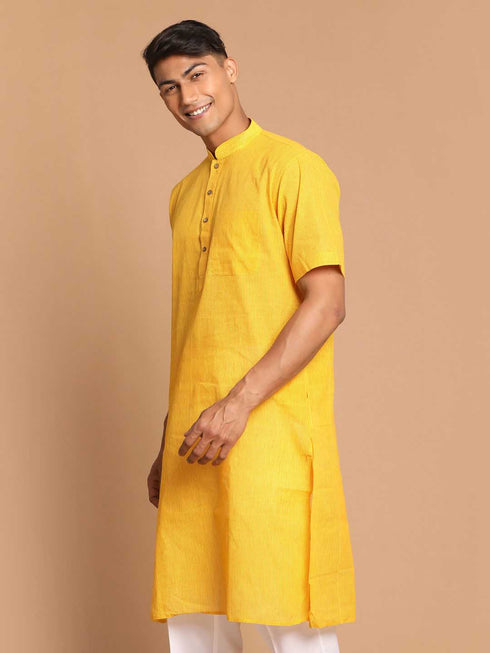 Men's Yellow Striped Pure Cotton Kurta