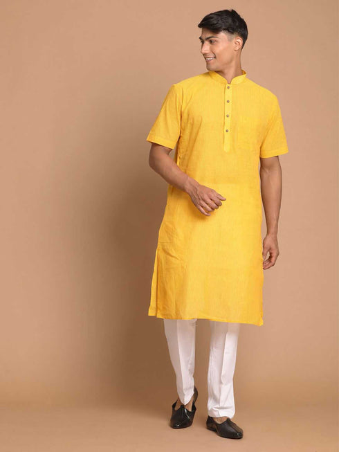 Men's Yellow Striped Pure Cotton Kurta
