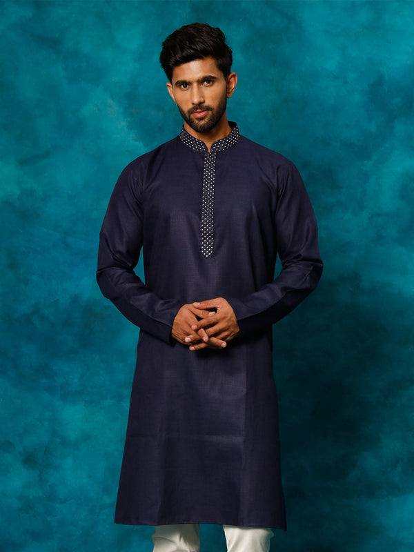 Men's Navy Blue Cotton Blend Ethnic Kurta