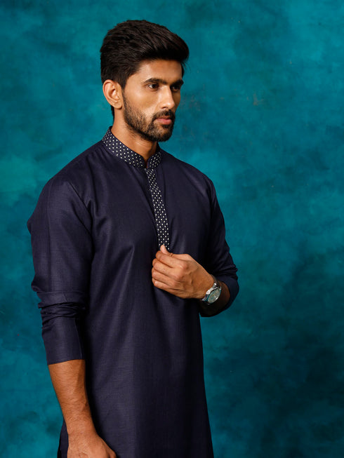 Men's Navy Blue Cotton Blend Ethnic Kurta