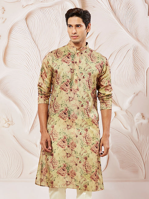 Men's Beige Floral Printed Straight Kurta