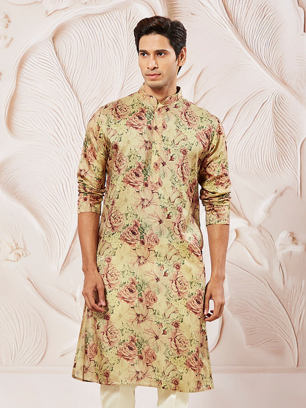 Men's Beige Floral Printed Straight Kurta