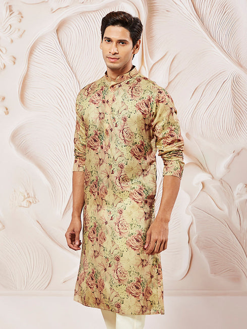 Men's Beige Floral Printed Straight Kurta