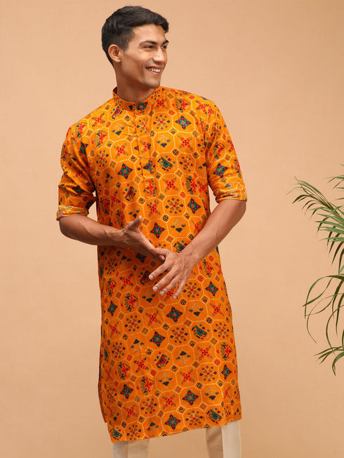 Men's Yellow Printed Rayon Kurta