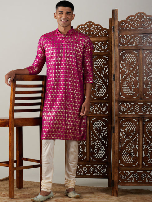 Men's Dark Pink Foil Printed Kurta