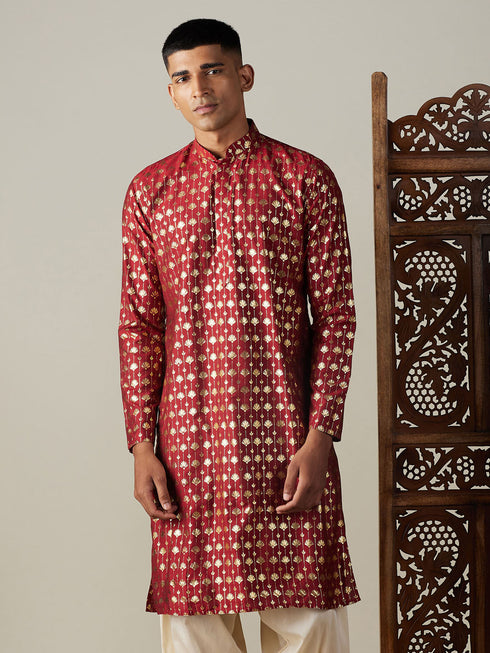 Men's Maroon Foil Printed Kurta