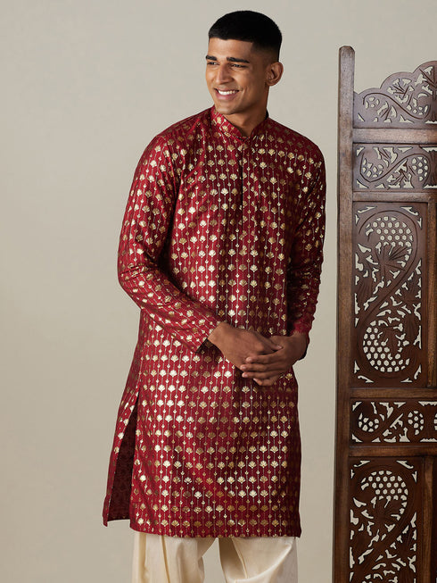 Men's Maroon Foil Printed Kurta