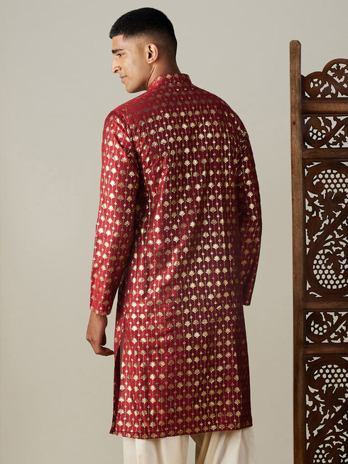 Men's Maroon Foil Printed Kurta