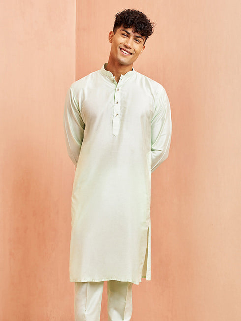 Men's Mint Green Viscose Kurta Long Sleeve Mandarin Collar Festive