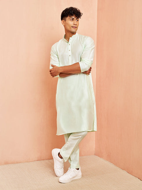 Men's Mint Green Viscose Kurta Long Sleeve Mandarin Collar Festive