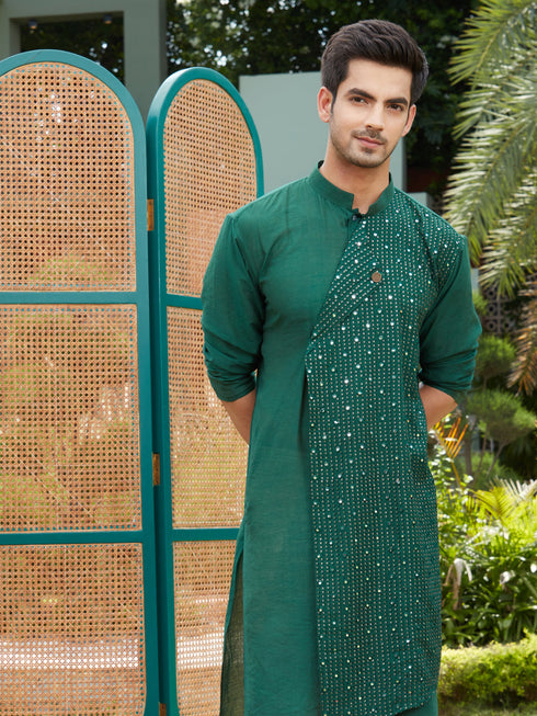 Men's Green Sequined Layered Kurta