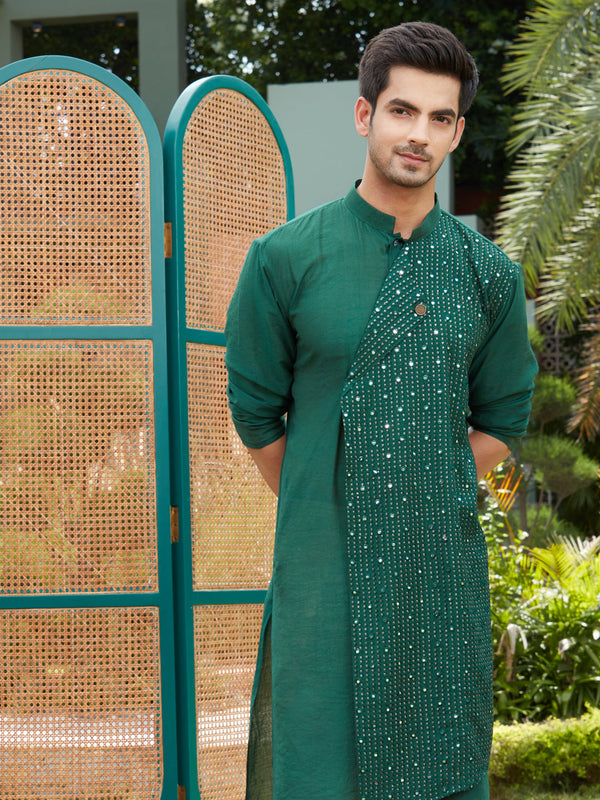Men's Green Sequined Layered Kurta