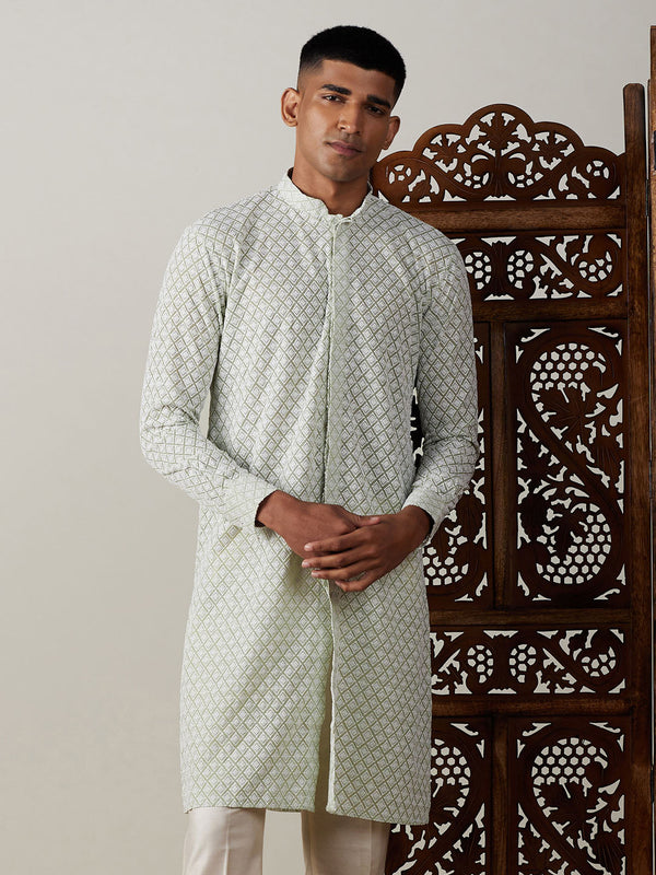 Men's Green Chikankari Front Open Kurta