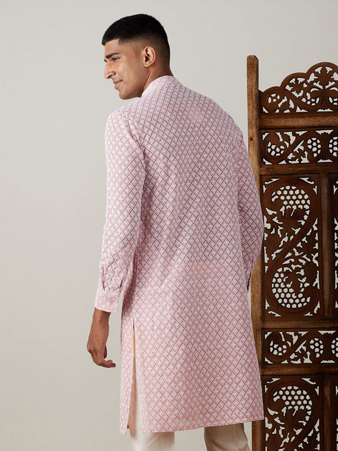 Men's Pink Chikankari Front Open Kurta