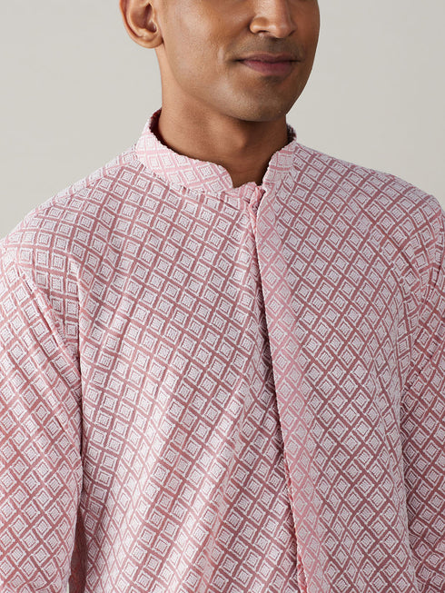 Men's Pink Chikankari Front Open Kurta
