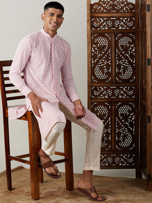 Men's Pink Chikankari Front Open Kurta