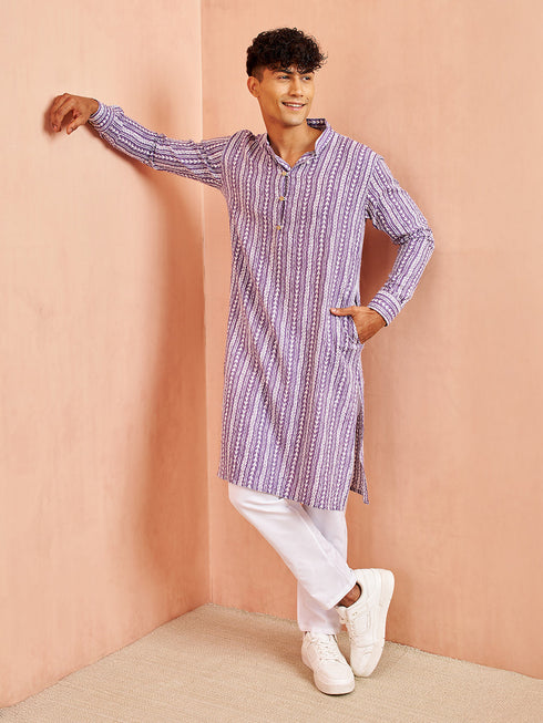 Men's Purple And White Batik Printed Kurta