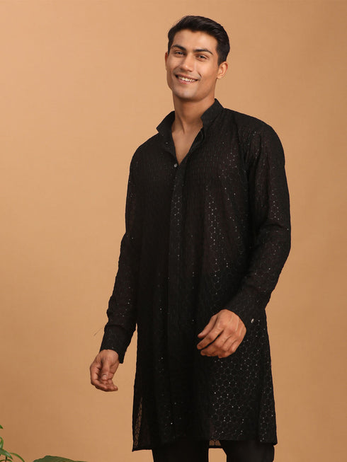 Men's Black Sequined Front Open Georgette Kurta