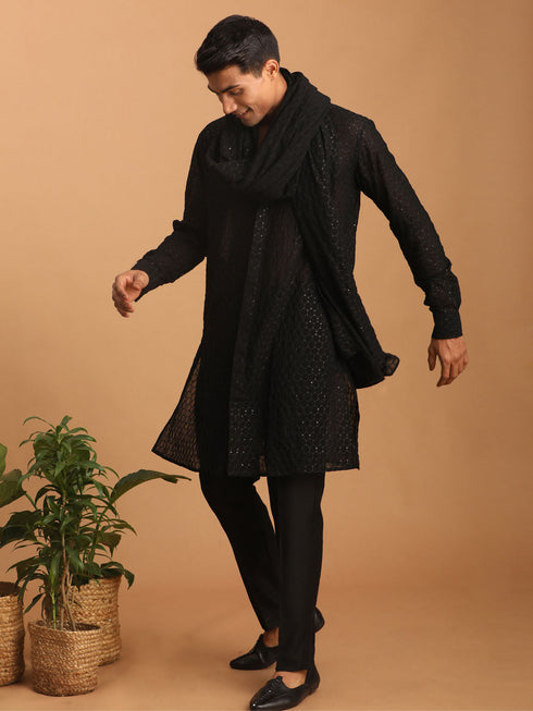 Men's Black Sequined Front Open Georgette Kurta With Pant And Dupatta Set