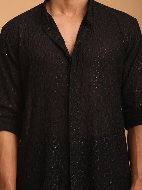 Men's Black Sequined Front Open Georgette Kurta With Patiala And Dupatta Set