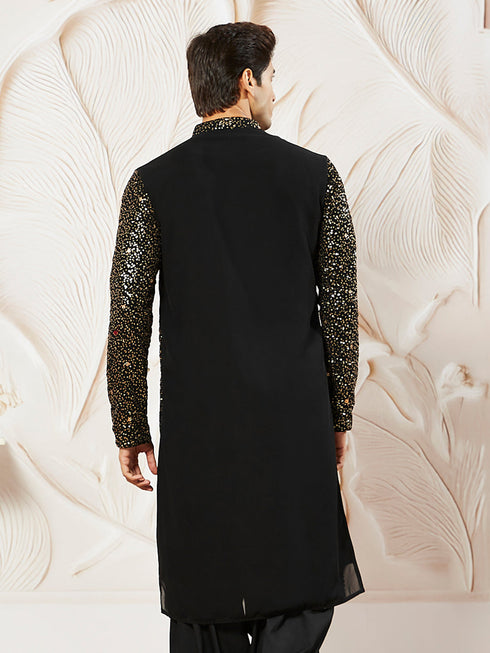 Men's Black Georgette Zari With Sequins Worked Kurta
