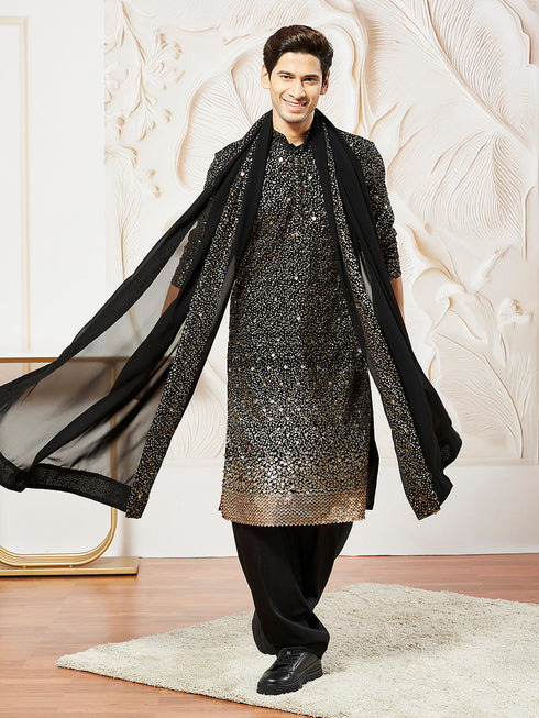 Men's Black Georgette Zari With Sequins Worked Kurta