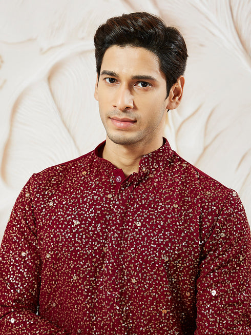 Men's Maroon Georgette Zari With Sequins Worked Kurta