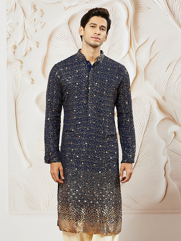 Men's Navy Blue Georgette Zari With Sequins Worked Kurta