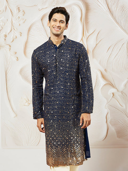 Men's Navy Blue Georgette Zari With Sequins Worked Kurta