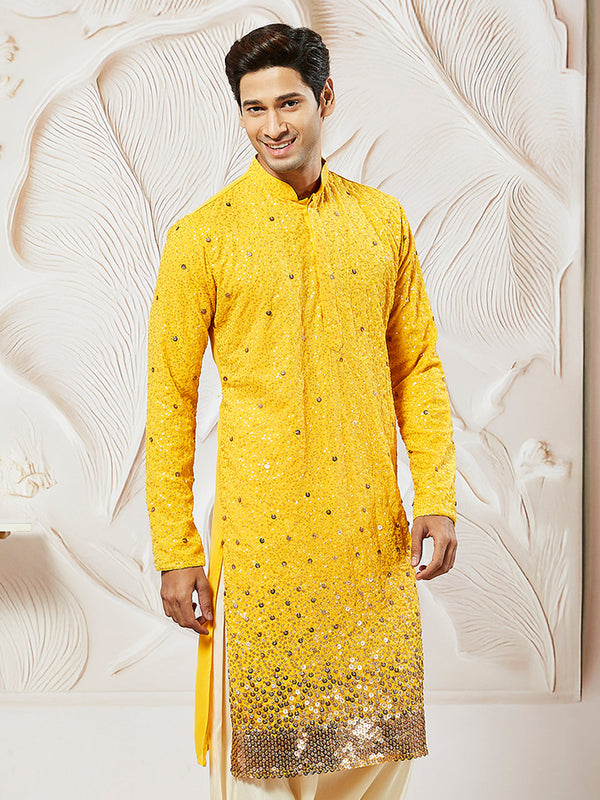 Men's Yellow Georgette Zari With Sequins Worked Kurta