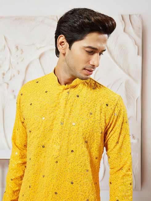 Men's Yellow Georgette Zari With Sequins Worked Kurta