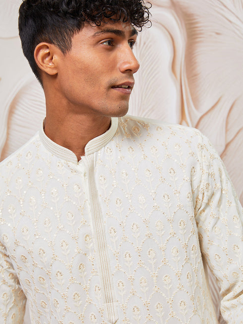 Men's Cream Georgette Kurta Pant Set