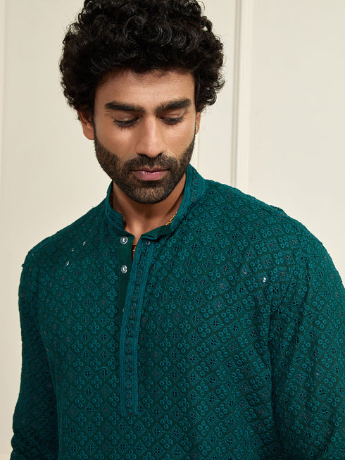 Men's Green Rayon Schiffli Kurta
