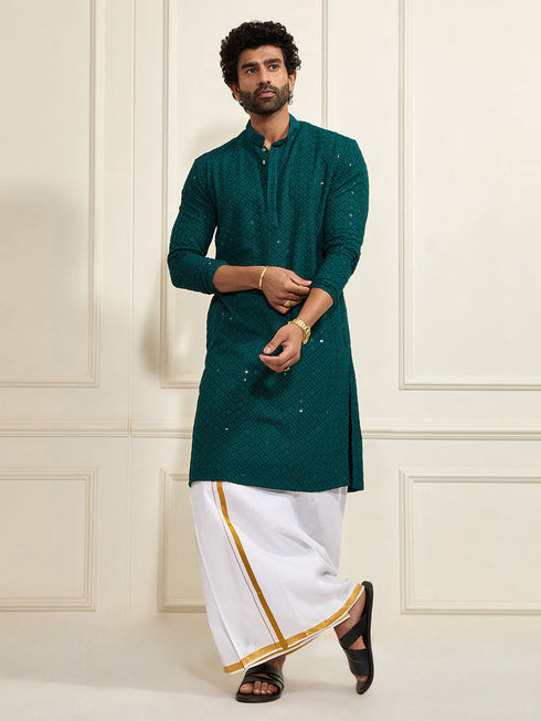 Men's Green Rayon Schiffli Kurta