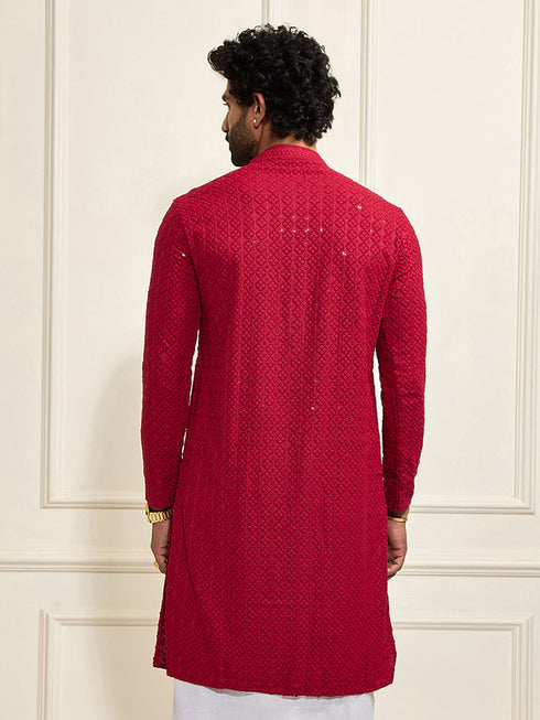 Men's Maroon Rayon Schiffli Kurta