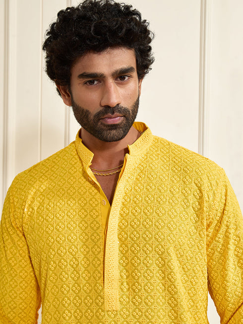 Men's Yellow Rayon Schiffli Kurta