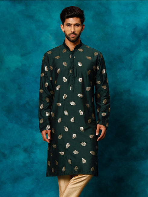 Men's Green Leaf Motif Embellished Kurta
