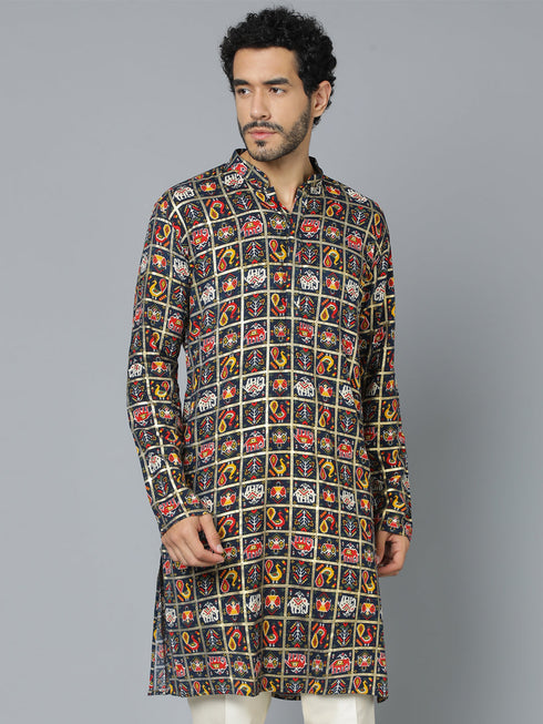 Men's Navy Blue Patola Print Ethnic Kurta