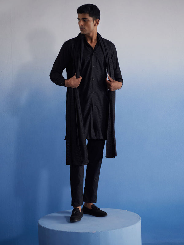 Men's Black Net Front Open Kurta